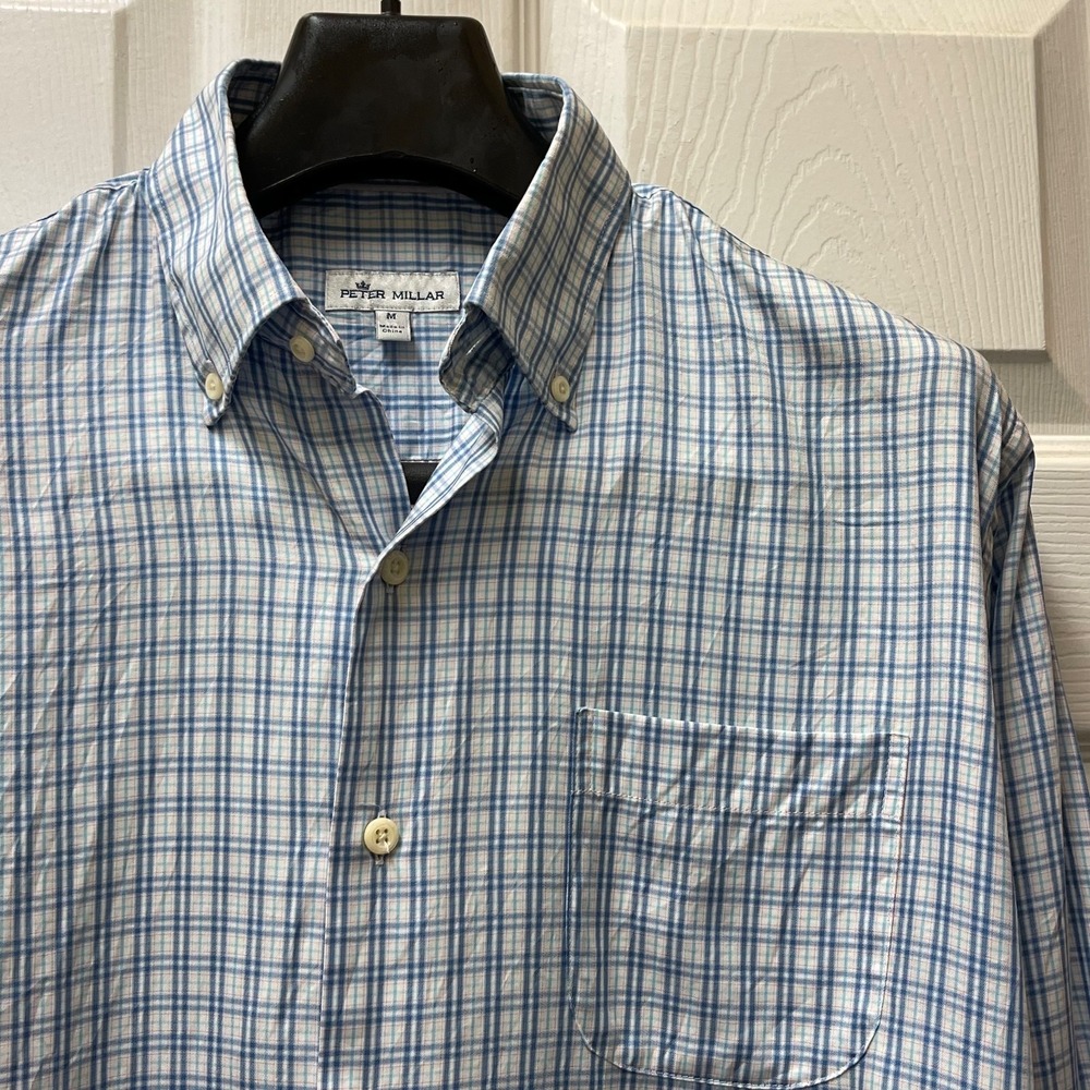 Peter Millar Men's Sz Medium Blue & White Plaid Button Up Cotton/Silk‎ Blend